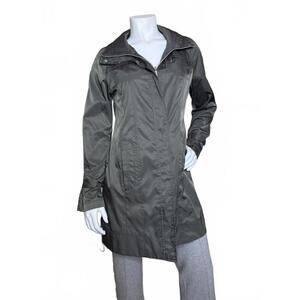 Calvin Klein Long Rain Trench Coat Jacket XS Sage Green Zip Front Hidden Hood